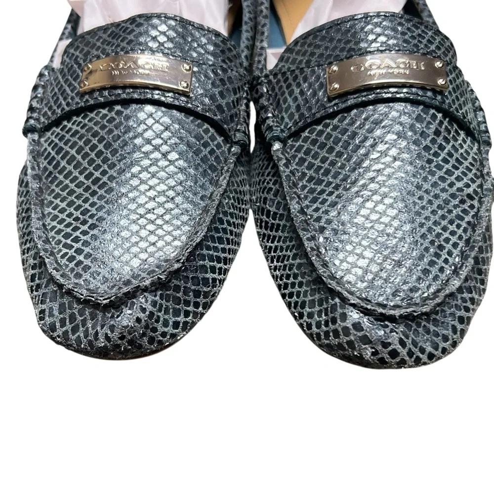 Coach Fredrica blue iridescent snake print leather logo loafers Y2K